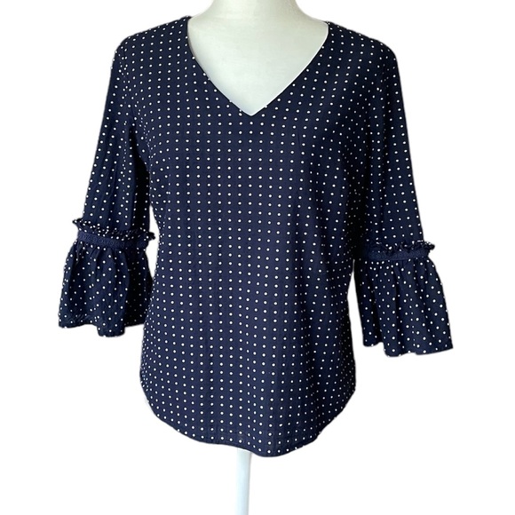 IZOD Navy/White Swiss Dot V-Neck Top 3/4 Sleeve  Lace Trim Ruffle Cuff Size S - Picture 1 of 9